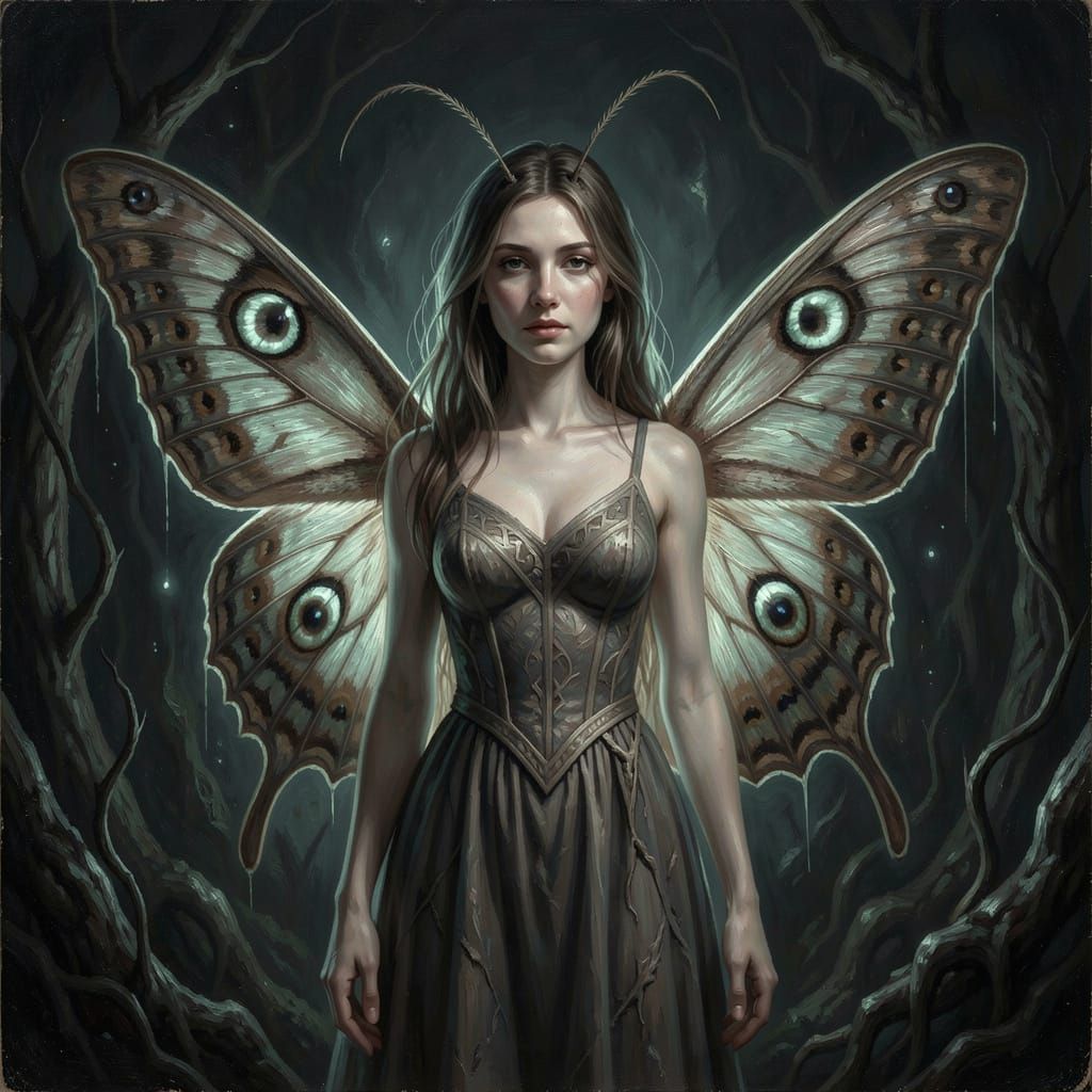 Ethereal Moth Woman in Dark Fantasy Art Style