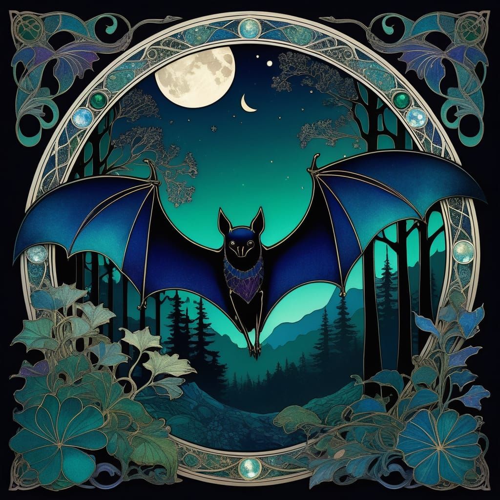 Art Nouveau Bat in Enchanted Forest