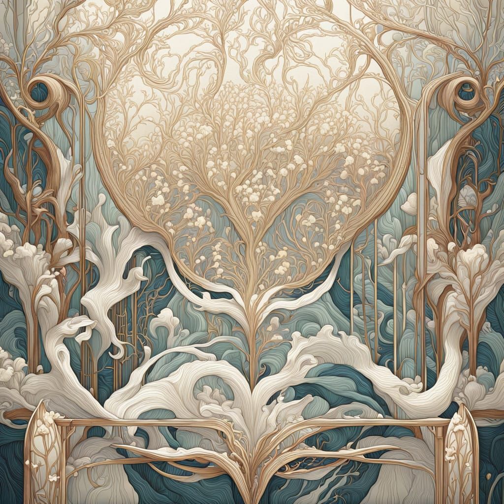 Art Nouveau and Art Deco Nature Illustration with Flowing Li...