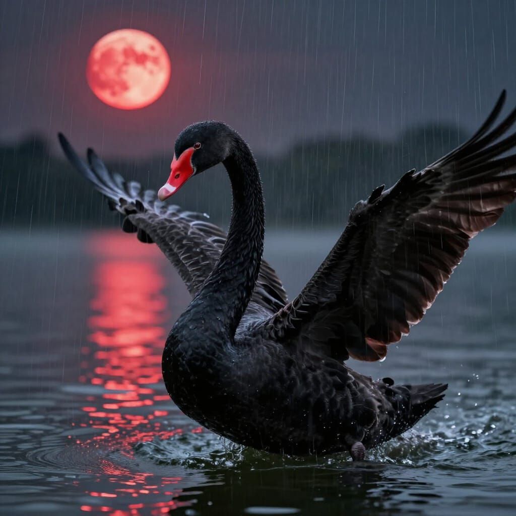 Majestic Black Swan on Crimson Moonlit Pond