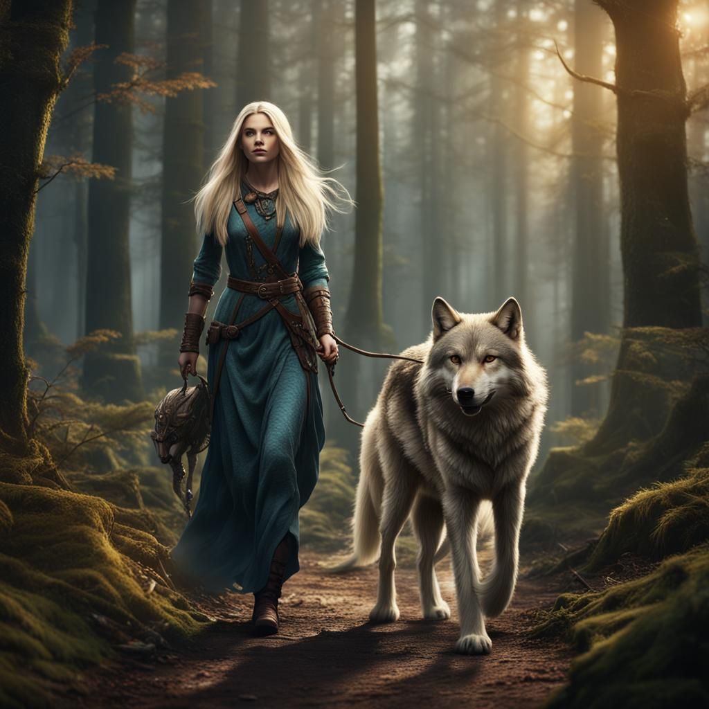 Blonde Girl Walks Wolf in Fantasy Woodland