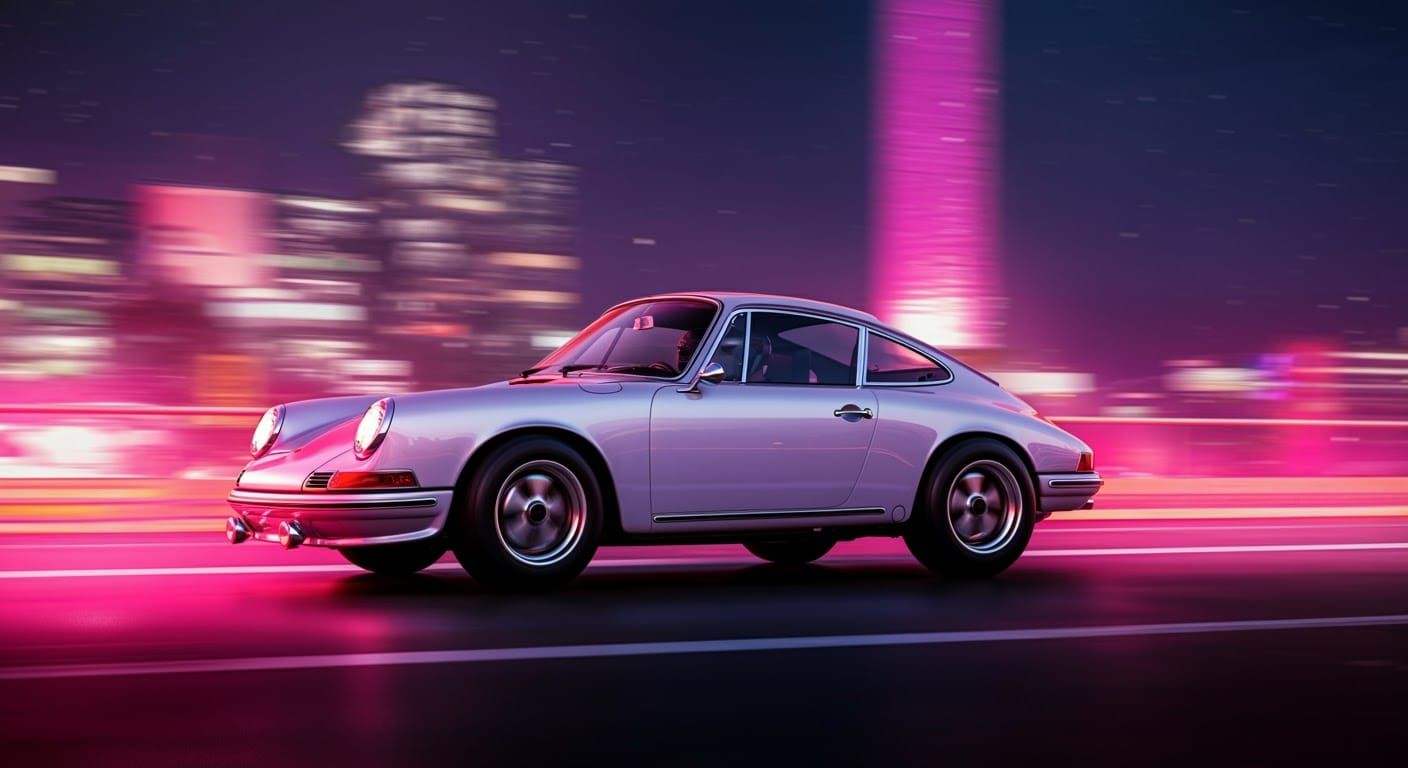 Porsche 911 in Cyberpunk Cityscape with Backlight