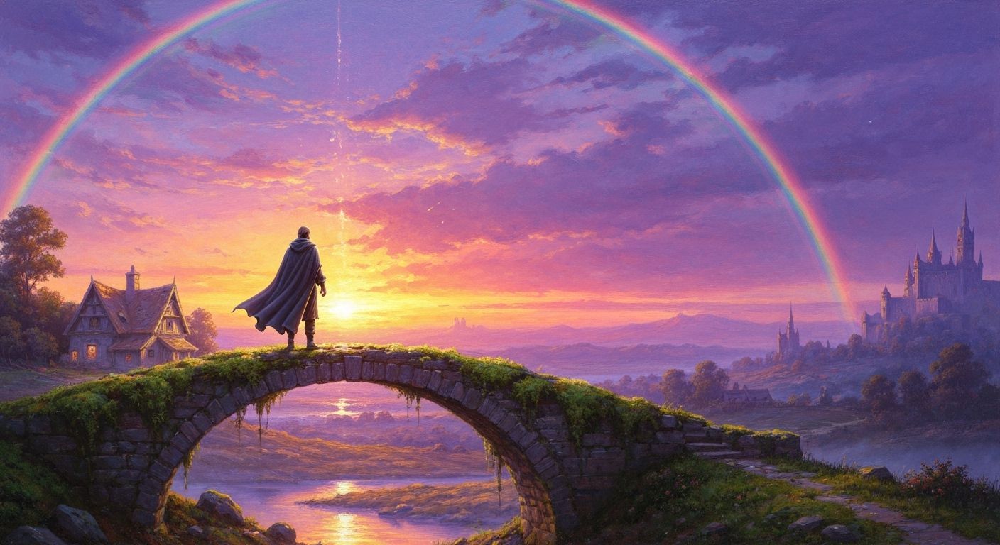 Man on Mossy Bridge at Sunset Landscape