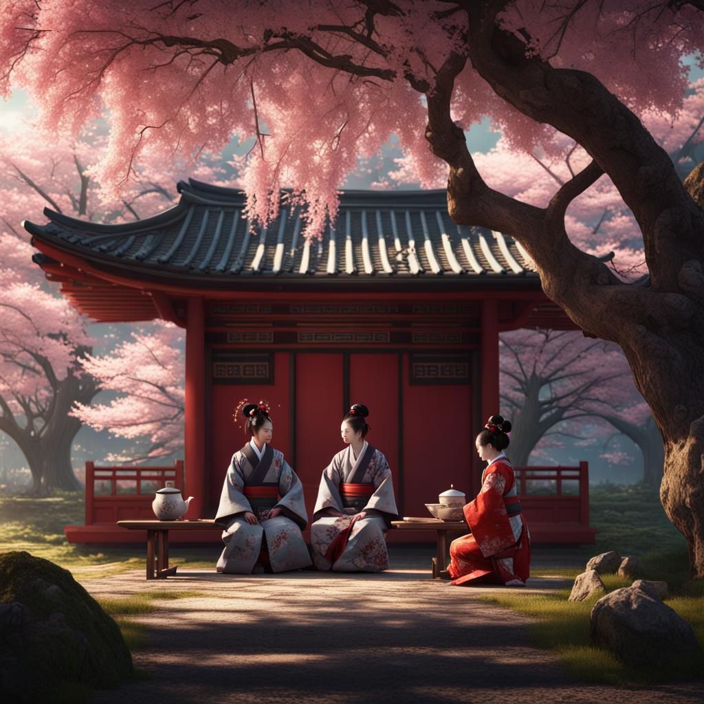 Samurai and Geisha Tea Ceremony: Fantasy Art