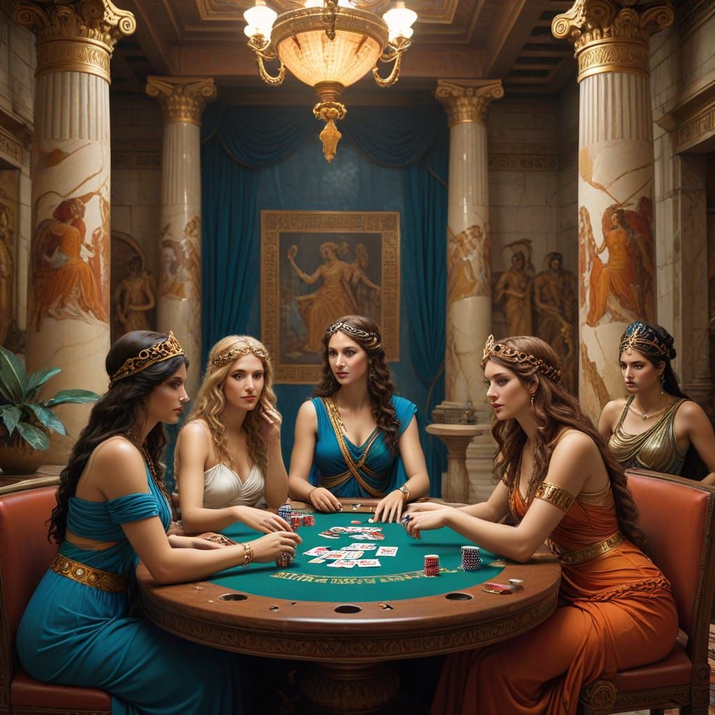 Greek Goddesses Play Poker, Oil Painting