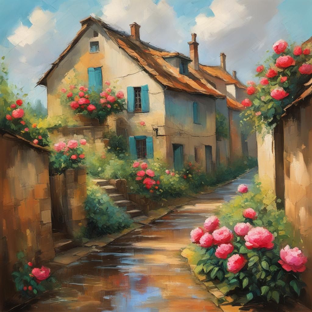 Cozy Cottage on Wet Street: Impressionist Painting