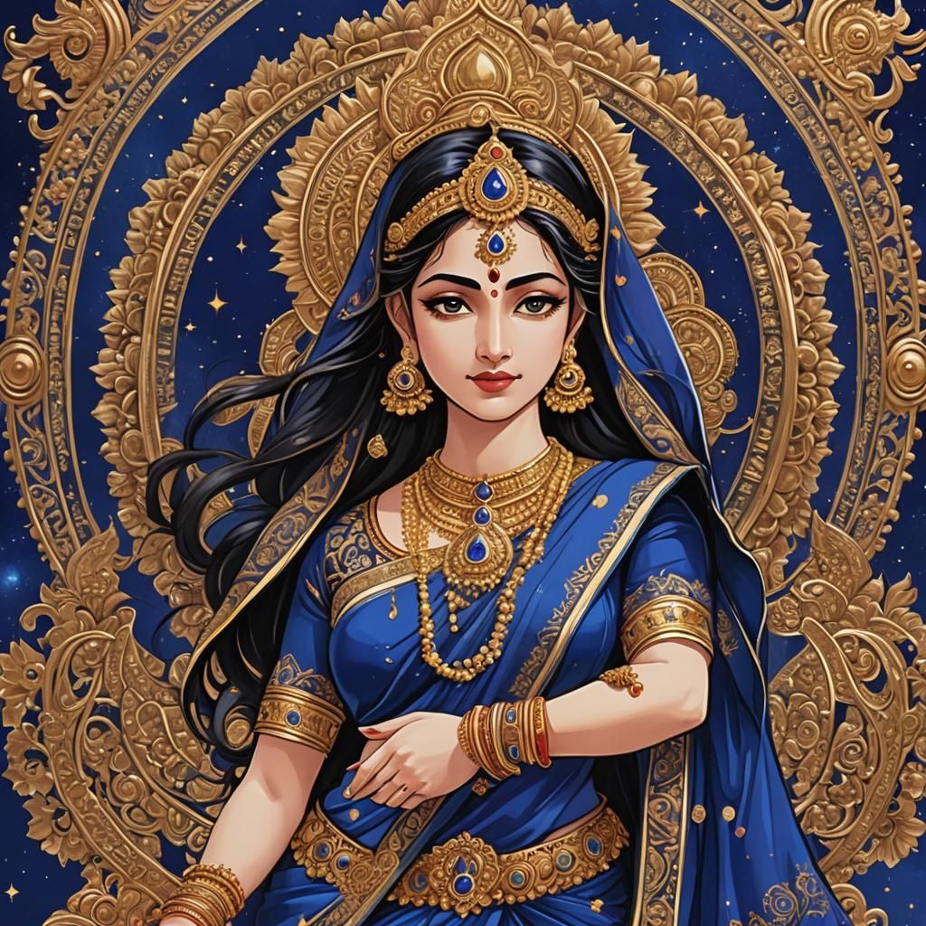 Devi Maa in Royal Blue Saree, Anime Style