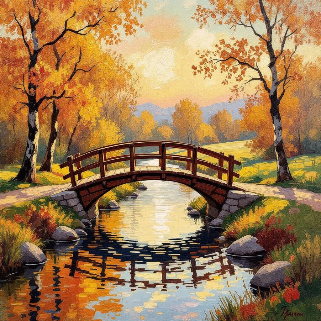 Rustic Autumn Bridge Over Stream in Pastel Impasto Style