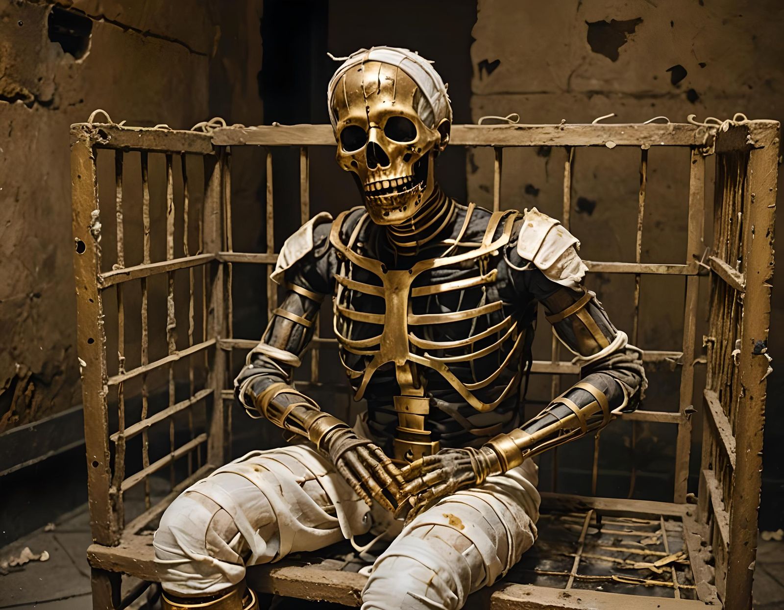 Decaying Mummy in Cage on Golden Stool