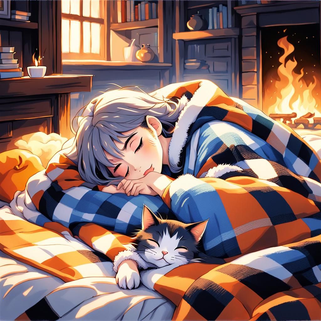 Cozy Anime Scene: Young Woman Half Cat by Fireplace