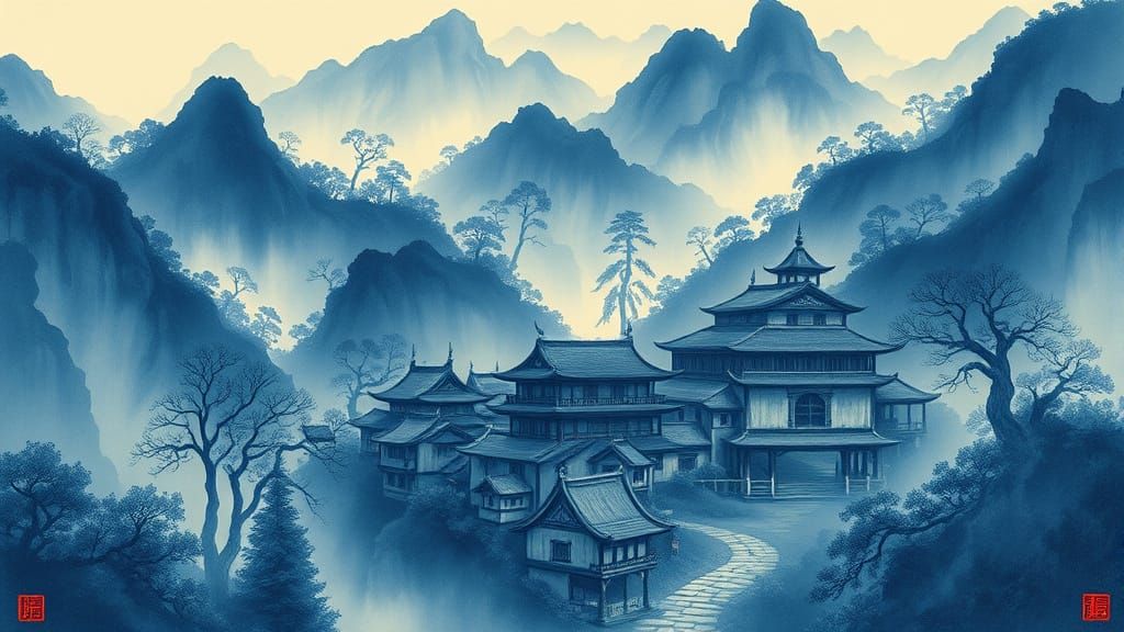 Blue Sumi-e Painting of Wuxia Village in Forest