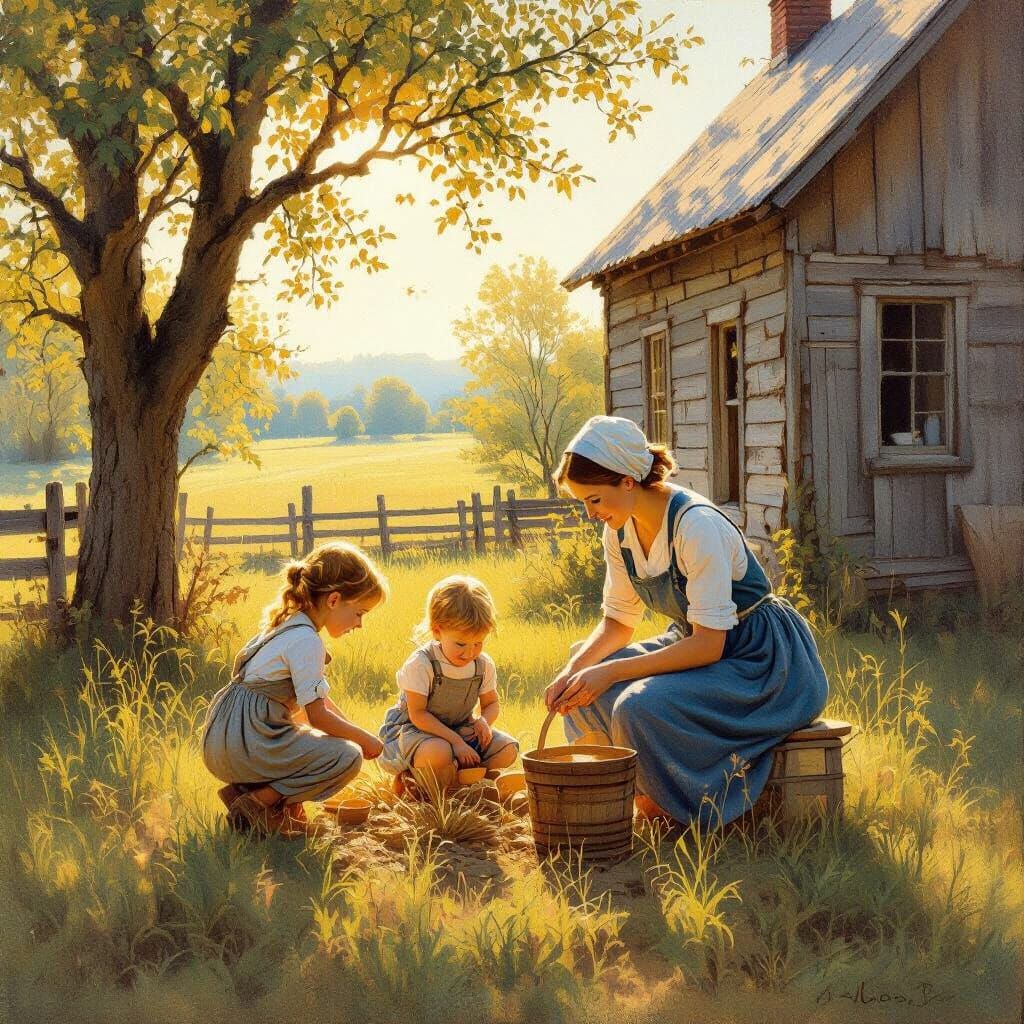 Mennonite Family in Rustic Yard Oil Painting