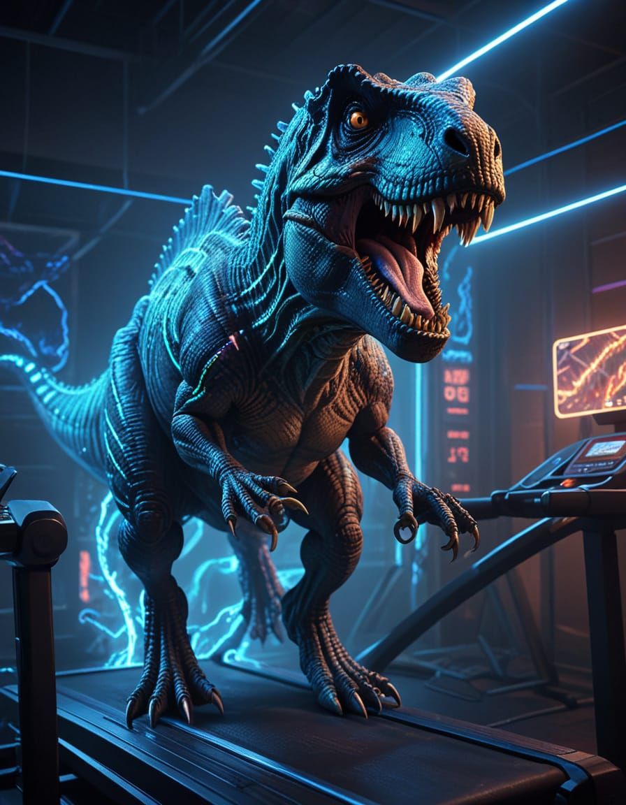 T-Rex on Treadmill in Vibrant Digital Art