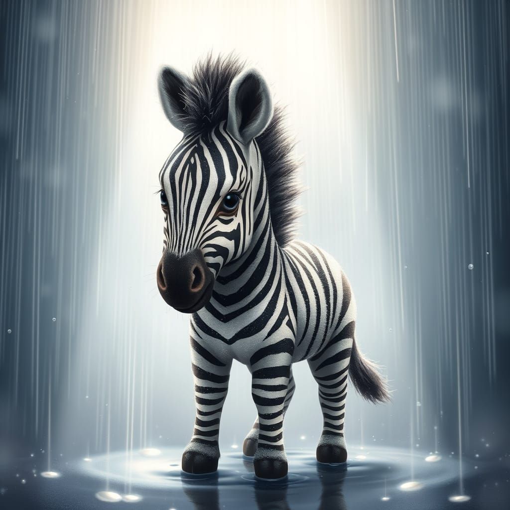 Miniature Zebra Shines in Radiant Rain Shower