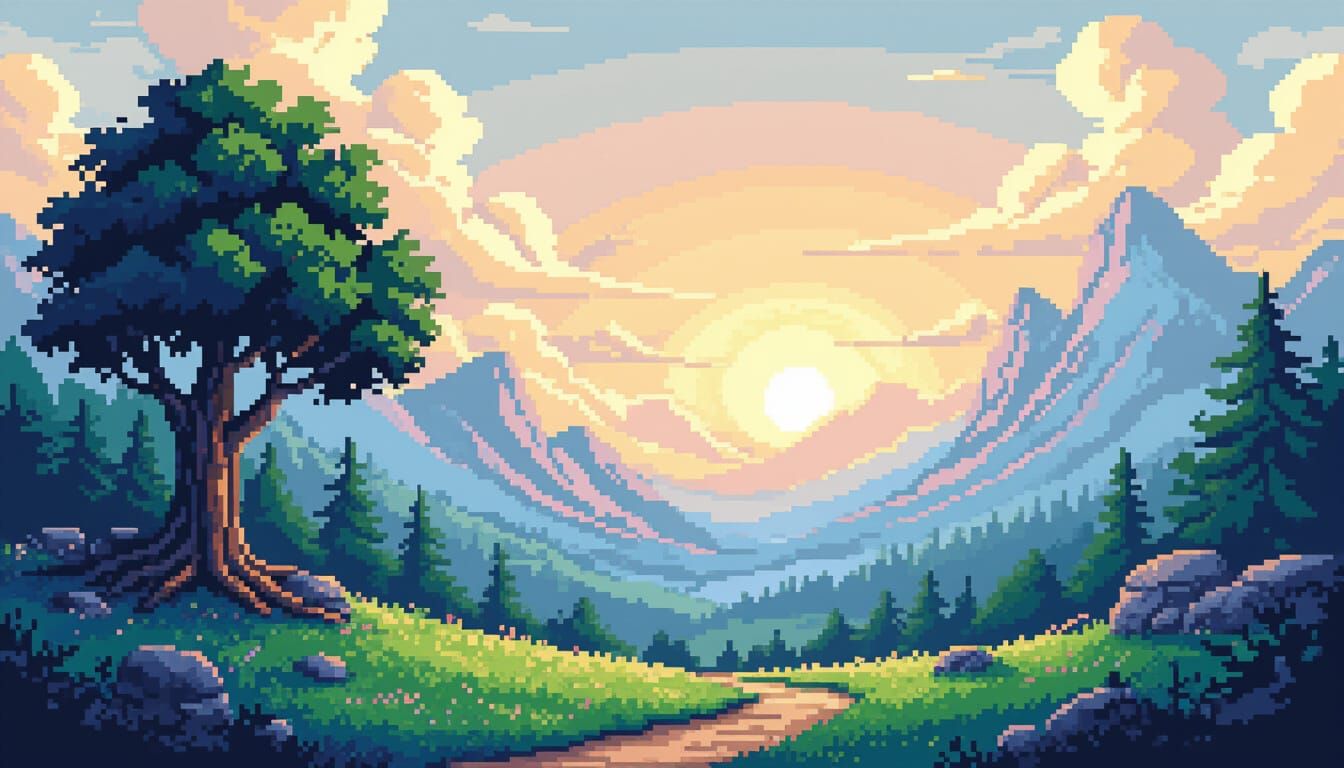 Fantasy Pixel Art Landscape With 32 Bit Depth