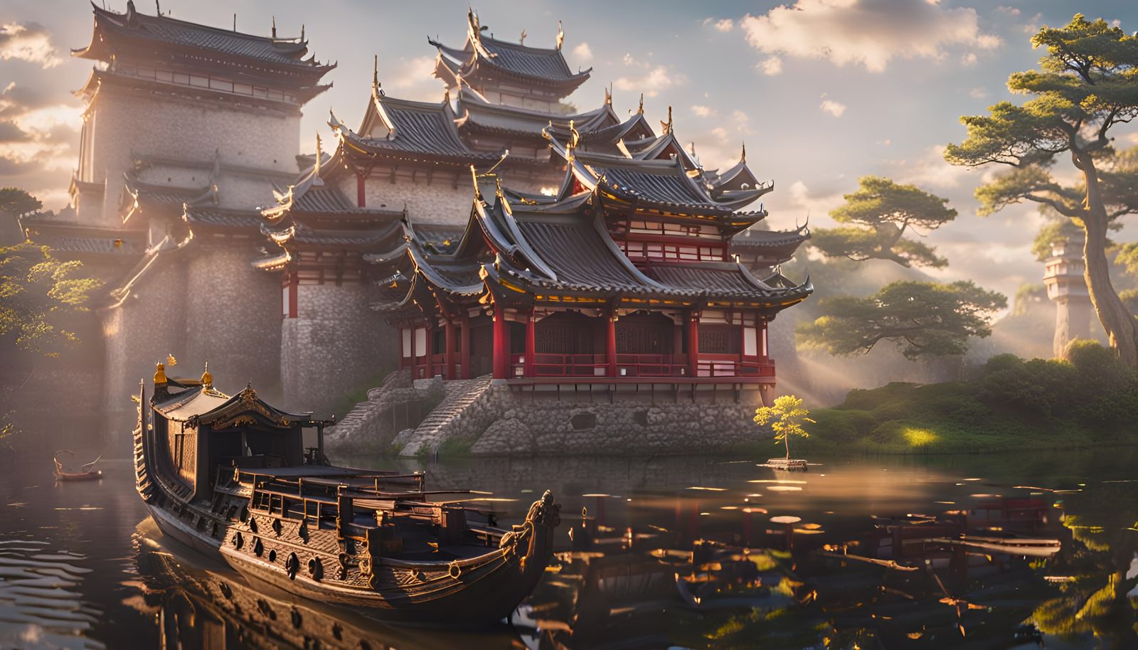 Samurai Castle on Island with Imperial Barge