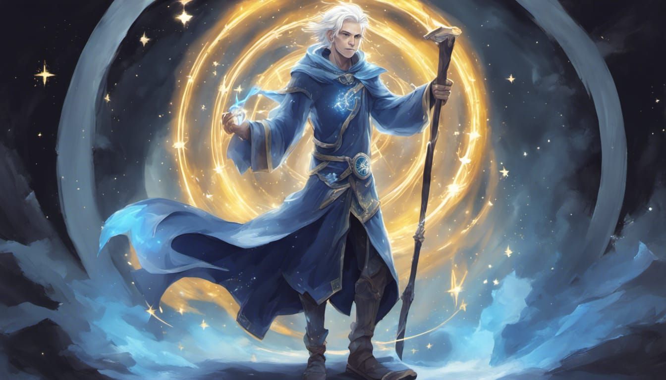 Elven Astrologer Amidst Constellations and Magical Runes