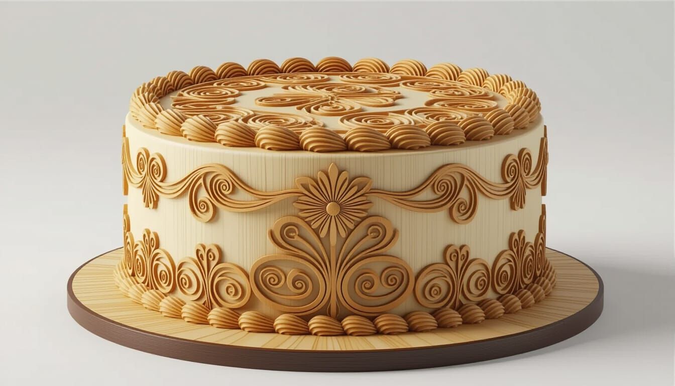 Intricately Carved Wooden Birthday Cake in CGI Style