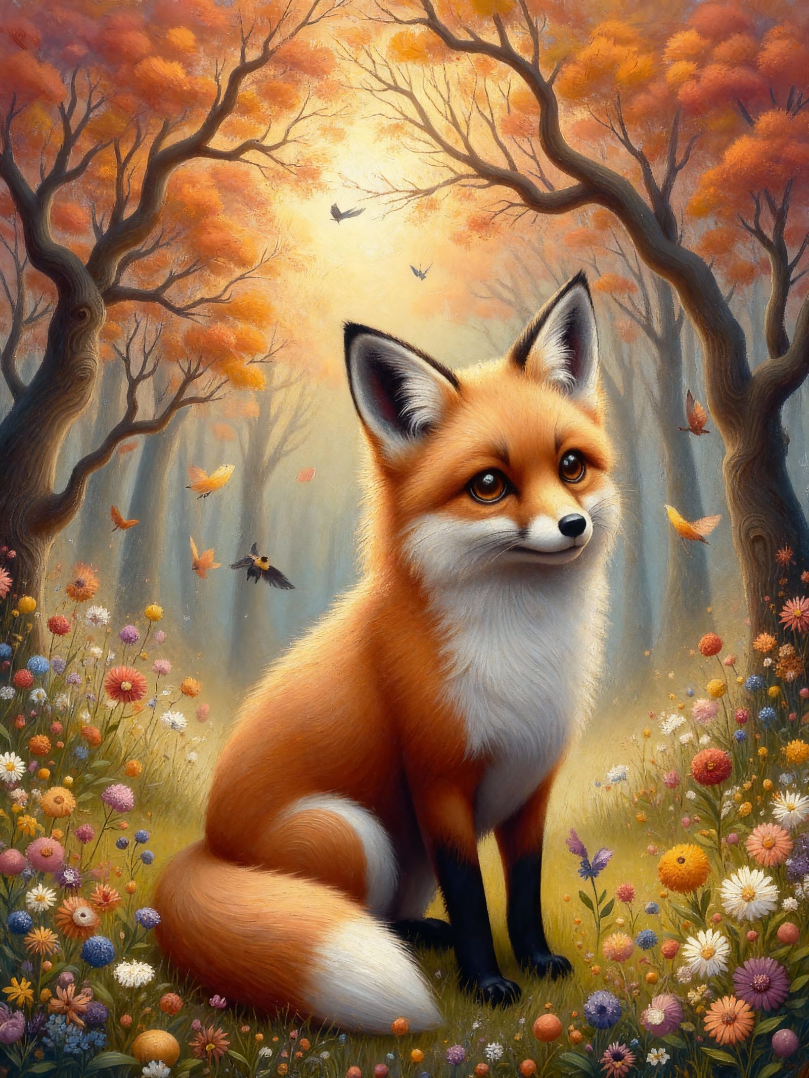 Autumn Fox in Sun-Dappled Meadow Oil Painting