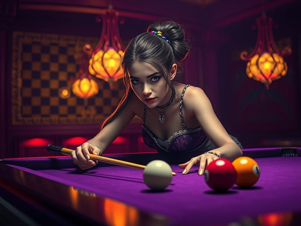 Woman Playing Snooker in Dark Fantasy Style