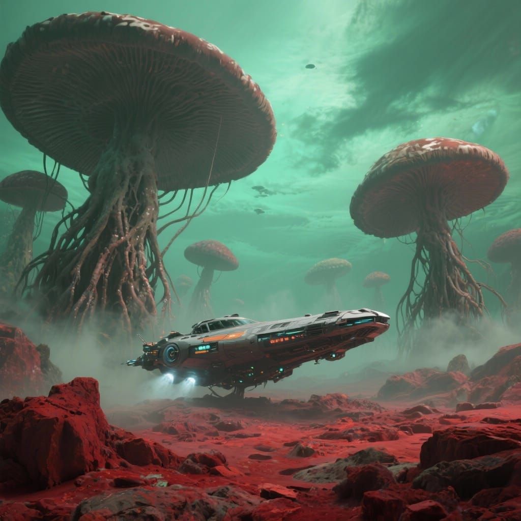 Starship Lands on Eerie Alien Planet with Giant Mushrooms
