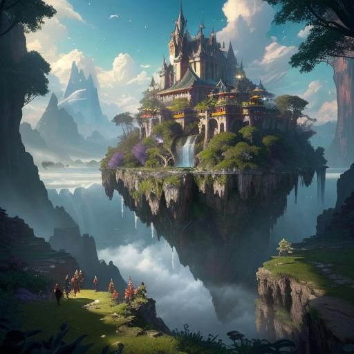 Generate an image of a magical floating island in the sky, with waterfalls cascading off the edges and lush vegetation c...