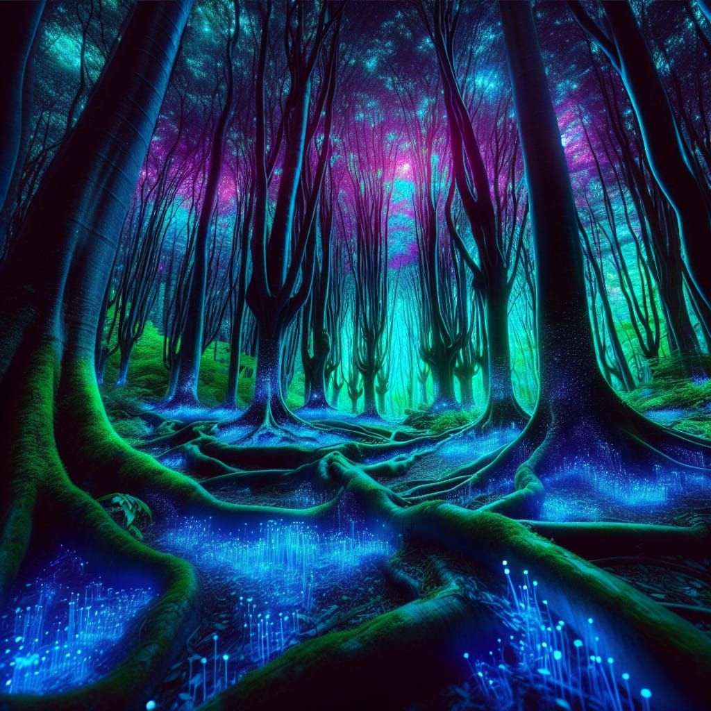 Enchanted Forest: Bioluminescent Vortex of Light