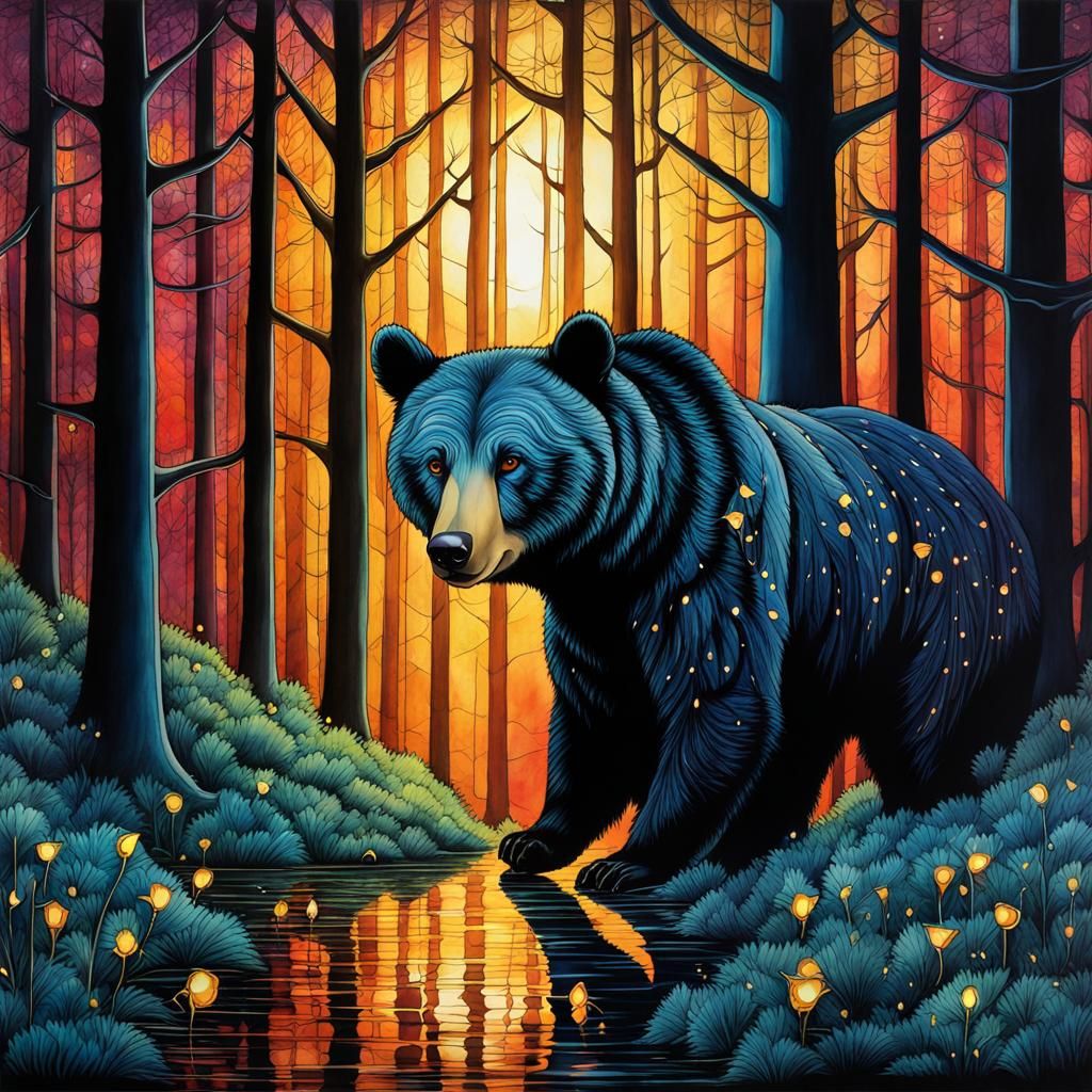Twilight Forest Bear with Fireflies, Alcohol Ink Art