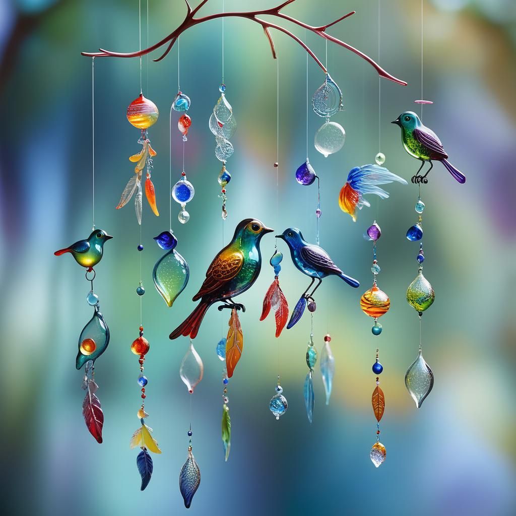 Ethereal Glass Mobile with Colorful Bird Sculptures