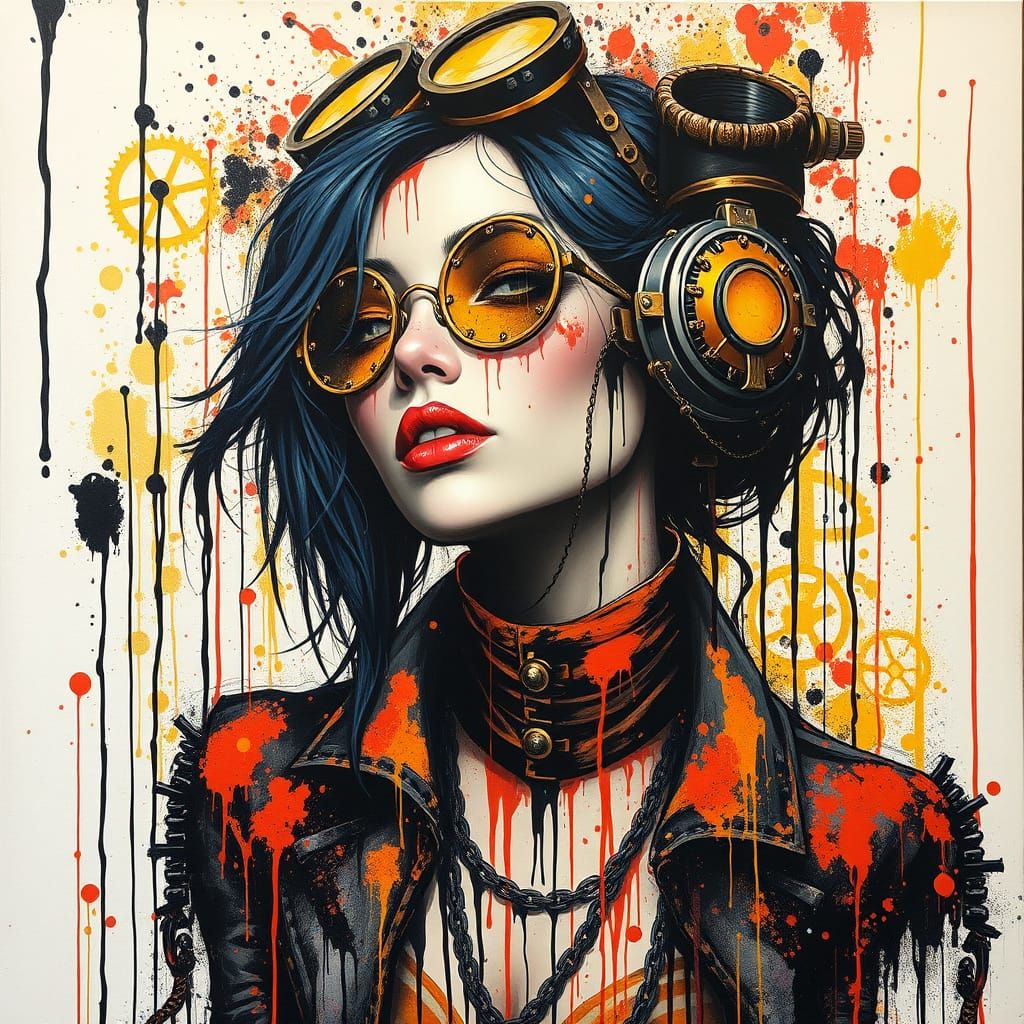 Steampunk Woman Artist in a World of Vibrant Chaos