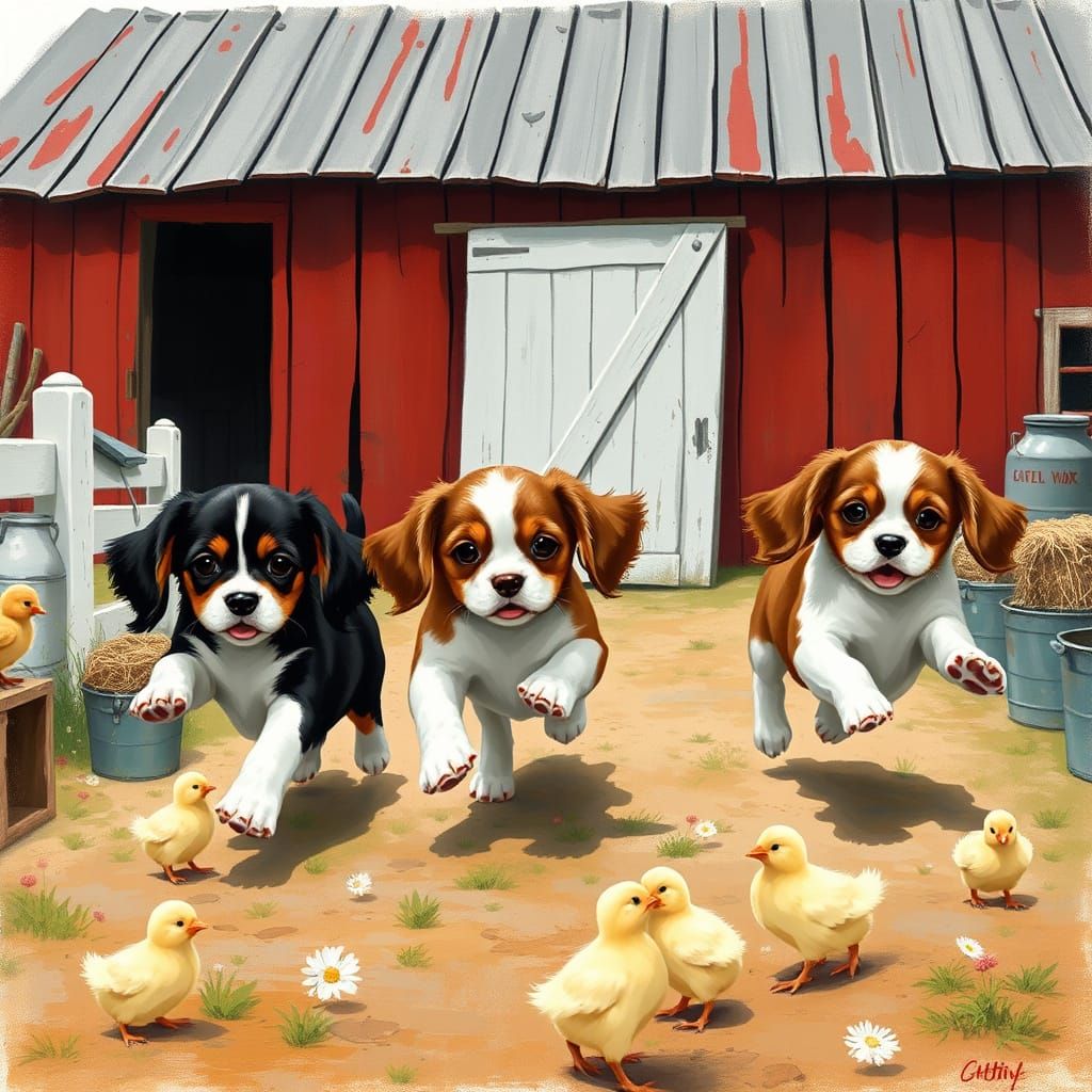 Playful Cavalier King Charles Puppies Chasing Chicks in a Wh...
