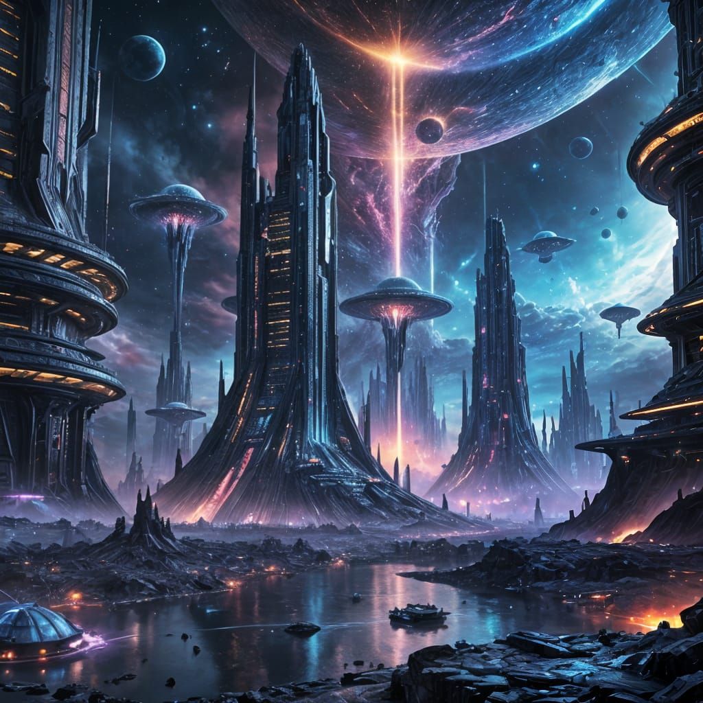 Epic Neon Cityscape on a Collapsing Star in Cyberpunk Style