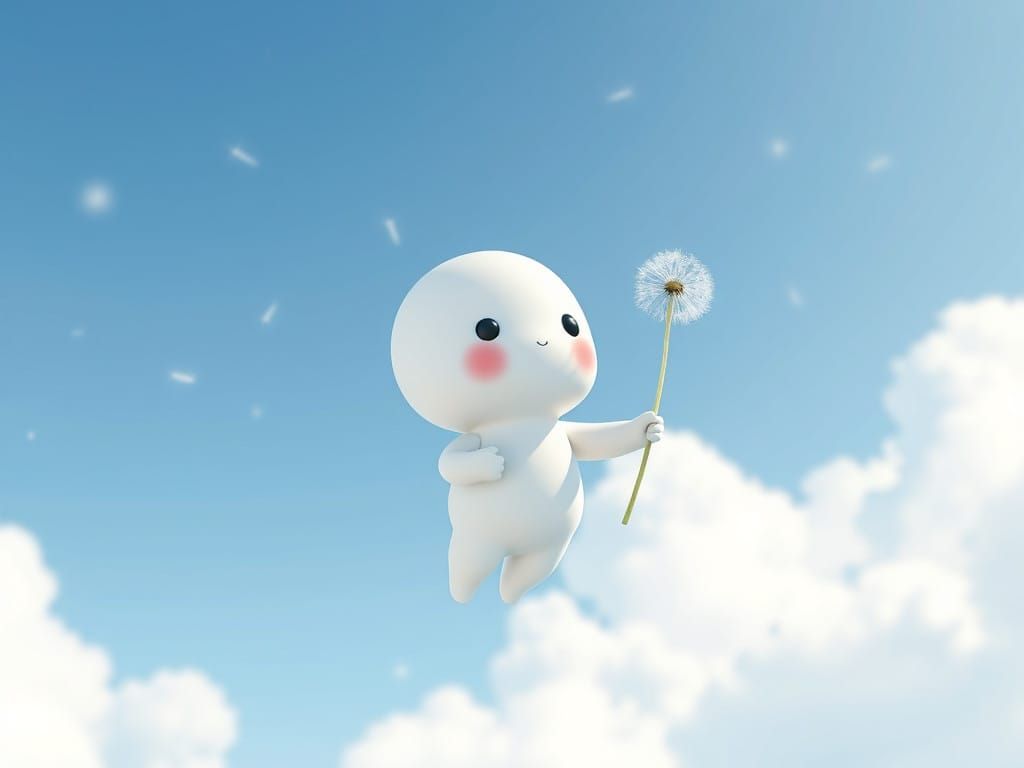 Chibi Creature Holds Dandelion in Sky with Pastel Colors