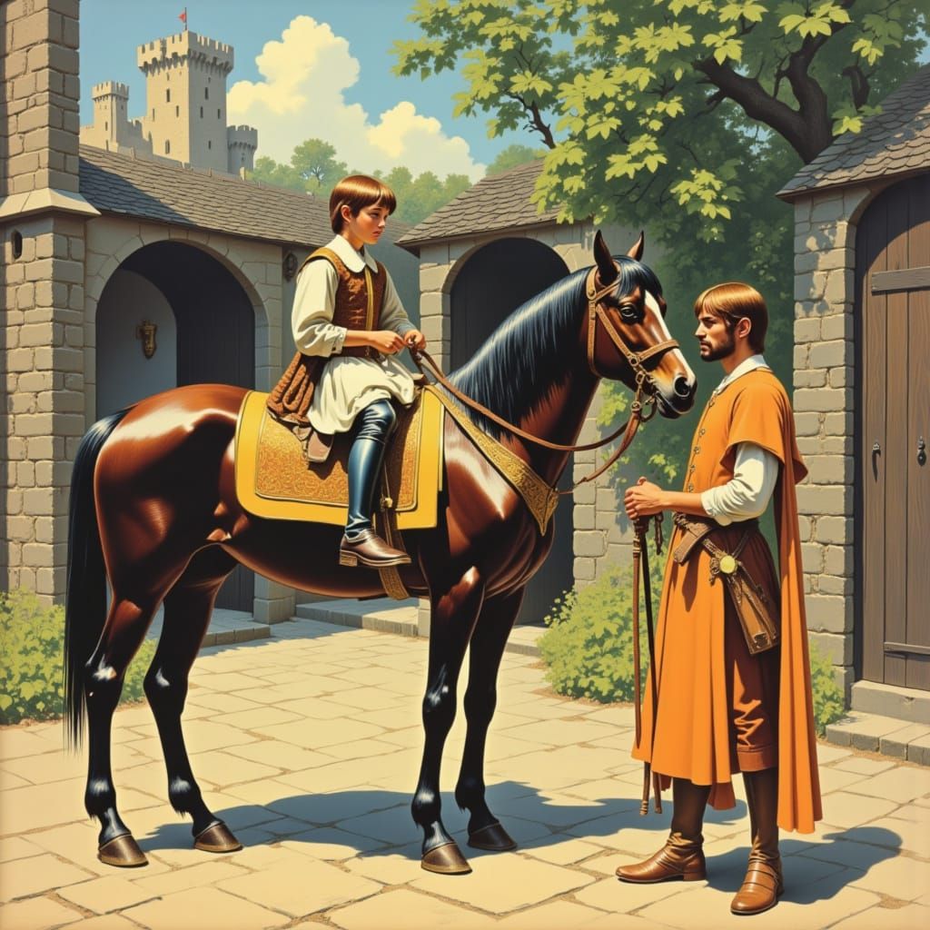 Young Prince on Pony in Castle Stable: 1970s Medieval Art
