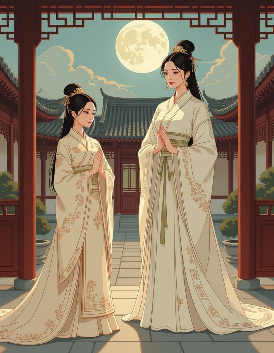 Serene Asian Women in Tranquil Courtyard, Digital Painting