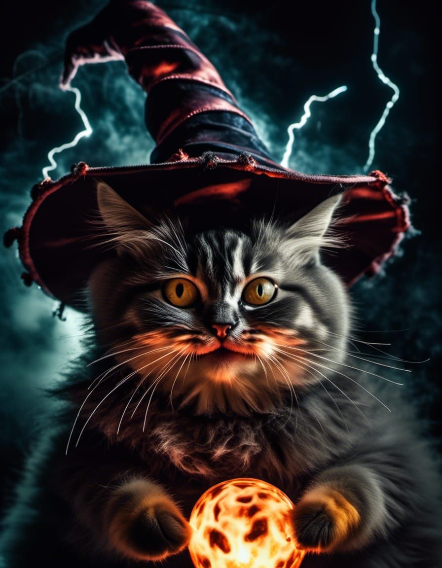 Monster Kitten Portrait Emitting Lightning in Darkness