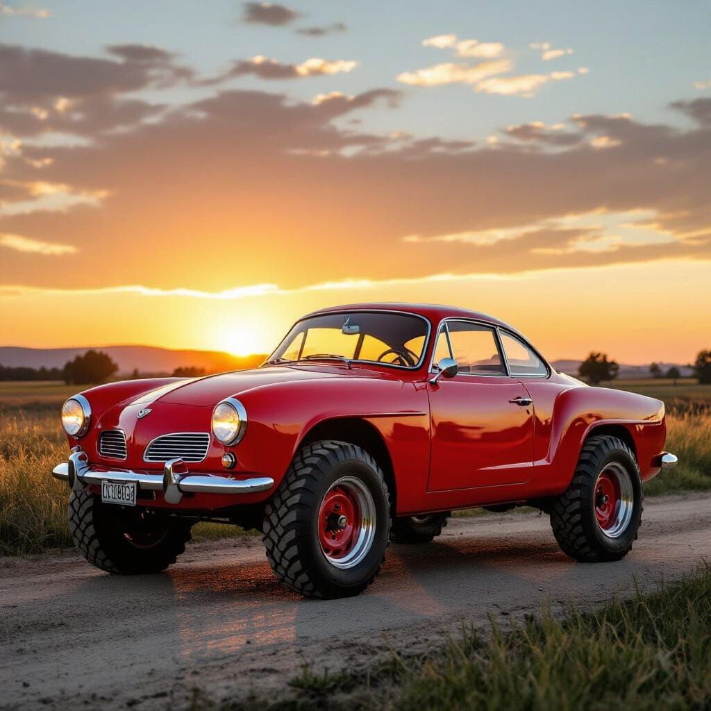 Cherry Red Karmann Ghia With Tractor Tires At Sunset
