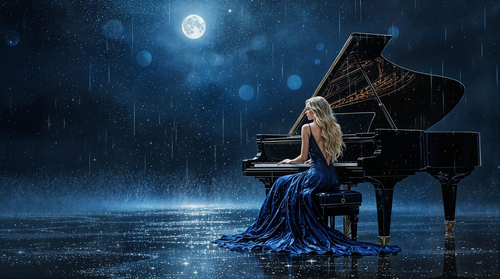 Impressionistic Grand Piano Serenade Under Rainy Night Sky