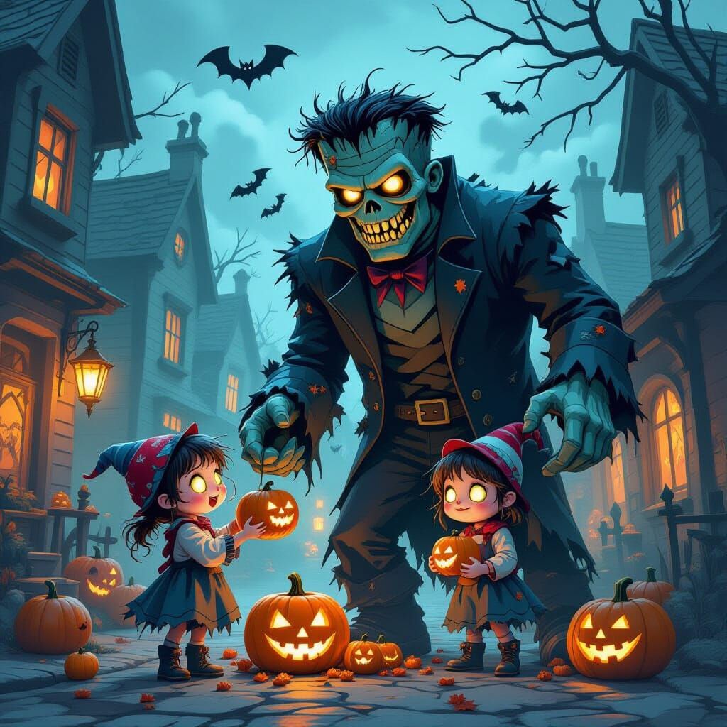 Undead Children Trick-or-Treating With Frankenstein