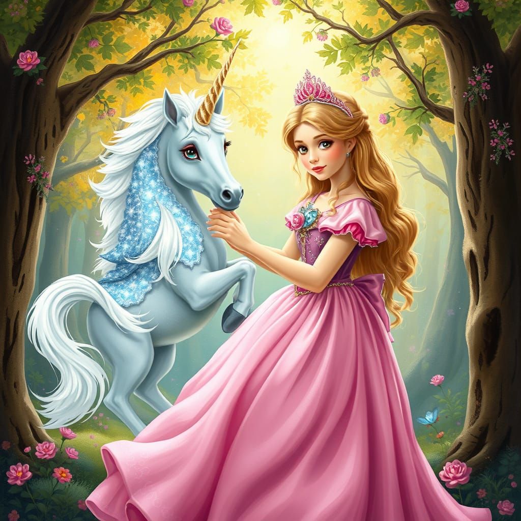 Princess and Magical Alicorn in Fantasy Forest