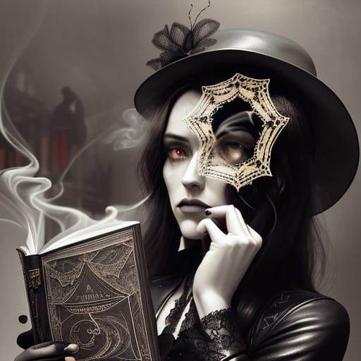 Elegant Patron Surrounded by Insect Swarm in Gothic Coffee S...