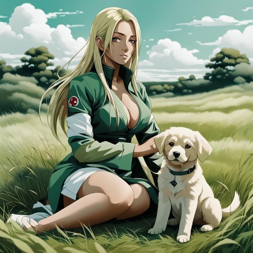 Tsunade with Puppy in Grassy Field, Abstract Art