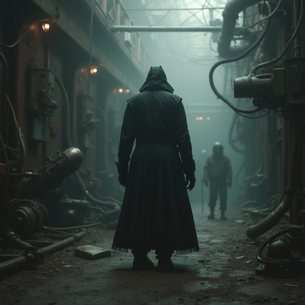 Mysterious Figure in Dark Industrial Landscape