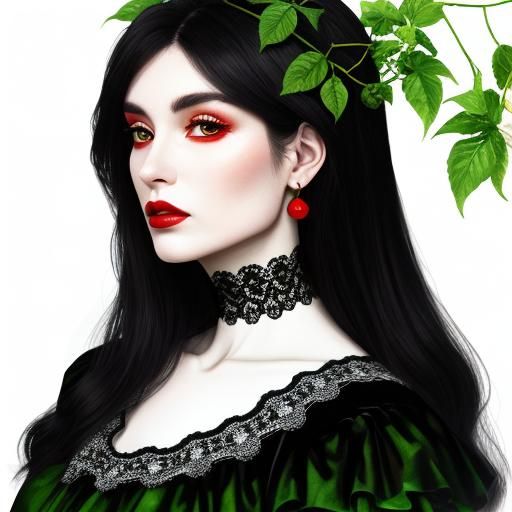 Woman in Black Velvet with Red Lace and Green Leaves