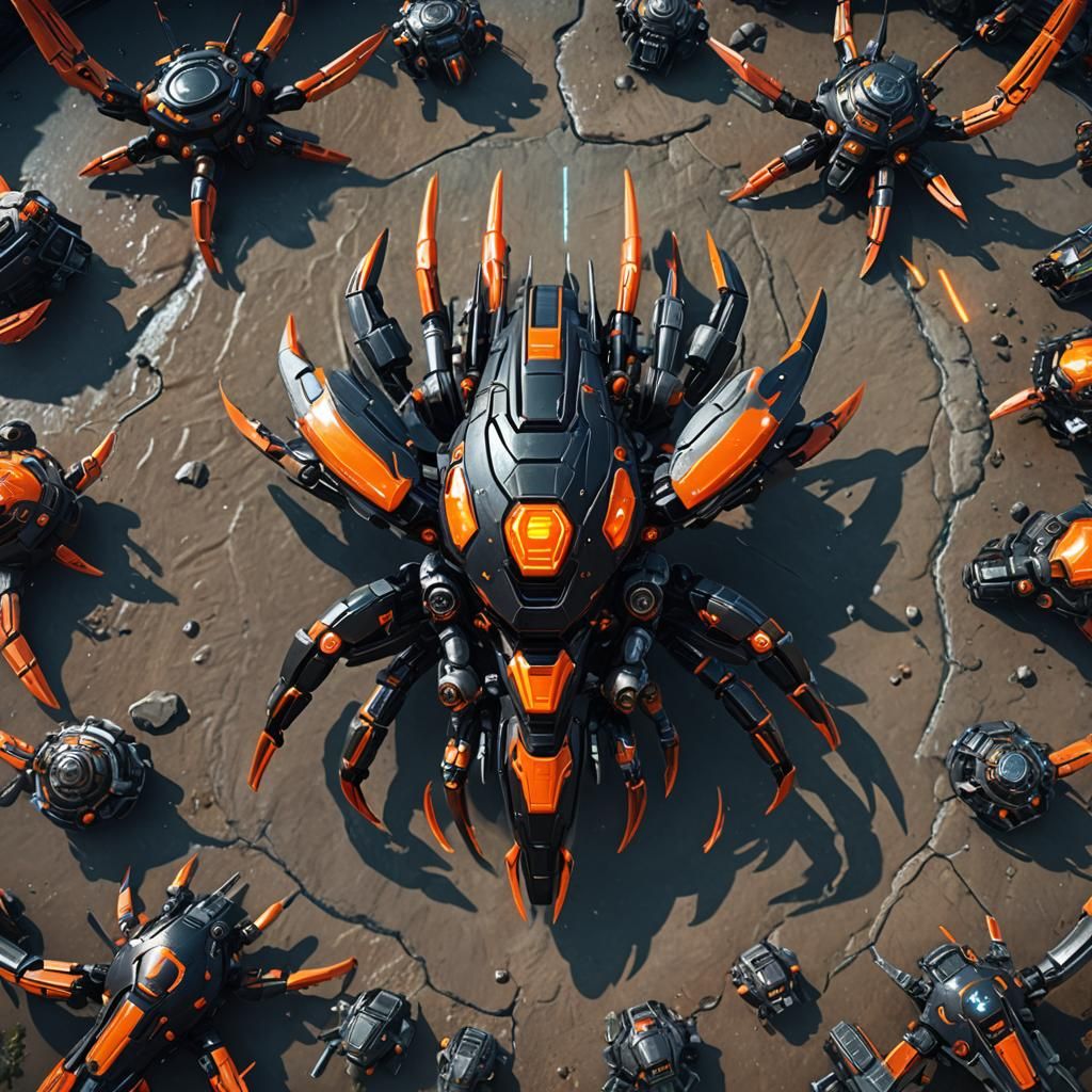 Orange Lit Crab Mech and Manta Ship in Space