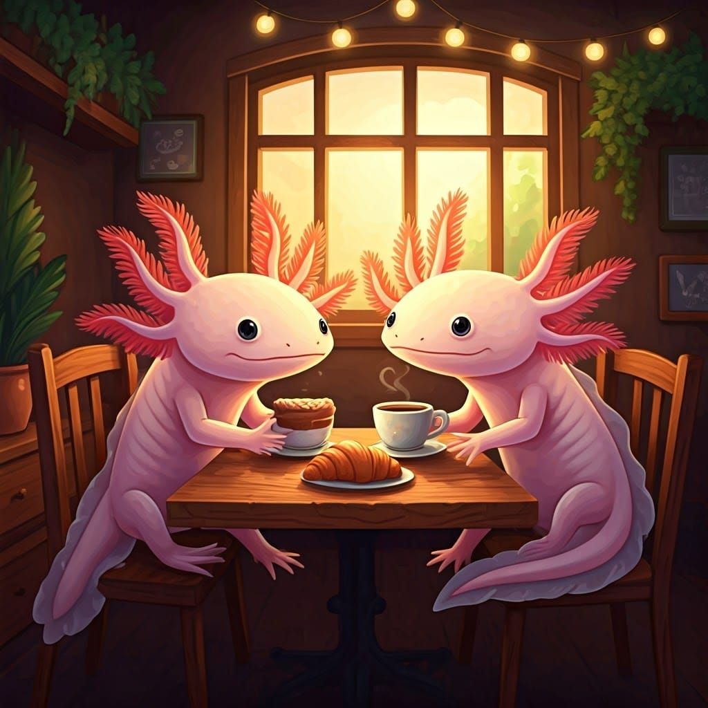 Whimsical Axolotls in a Cozy Cafe Scene