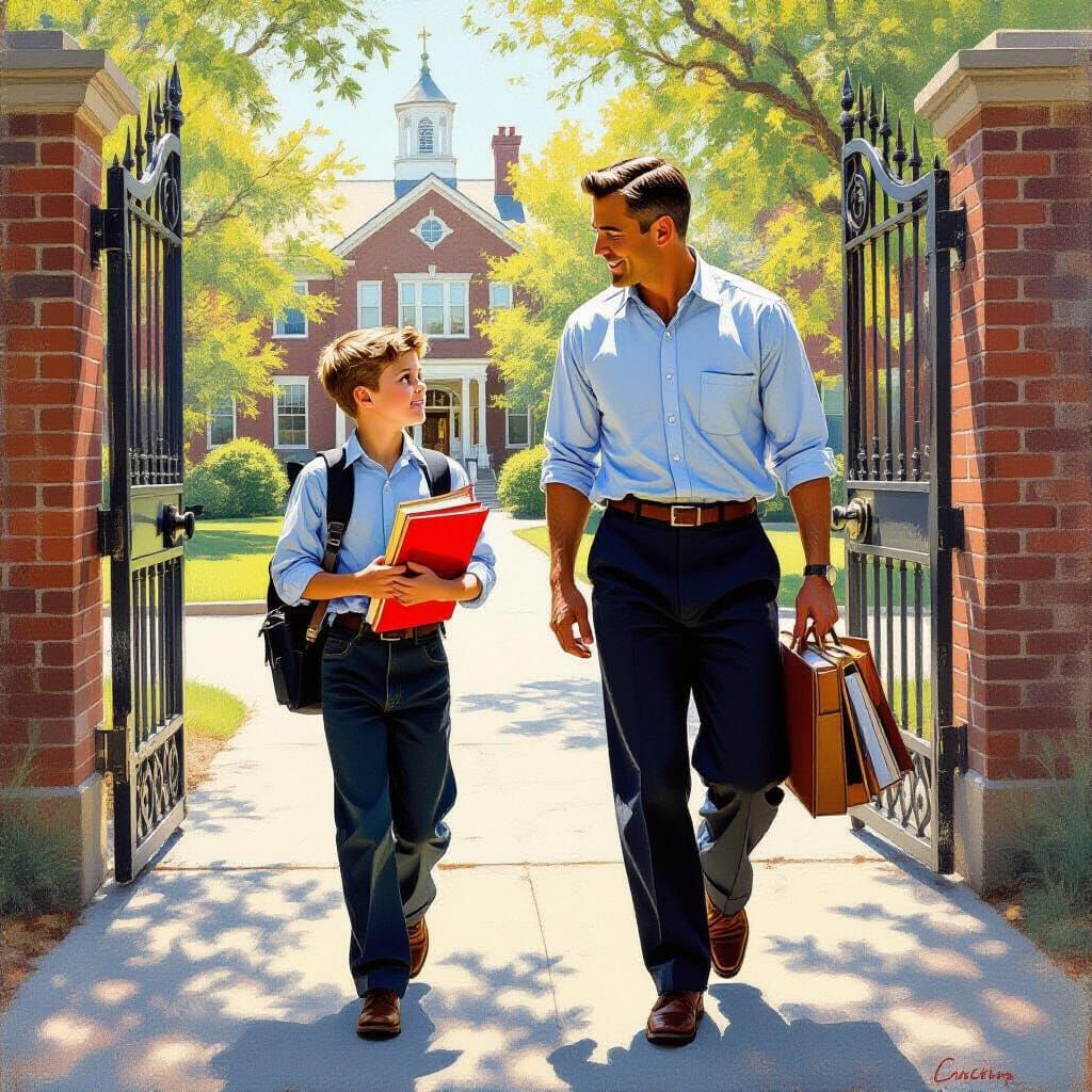 Boy's First Day in Rockwell-Hockney Style