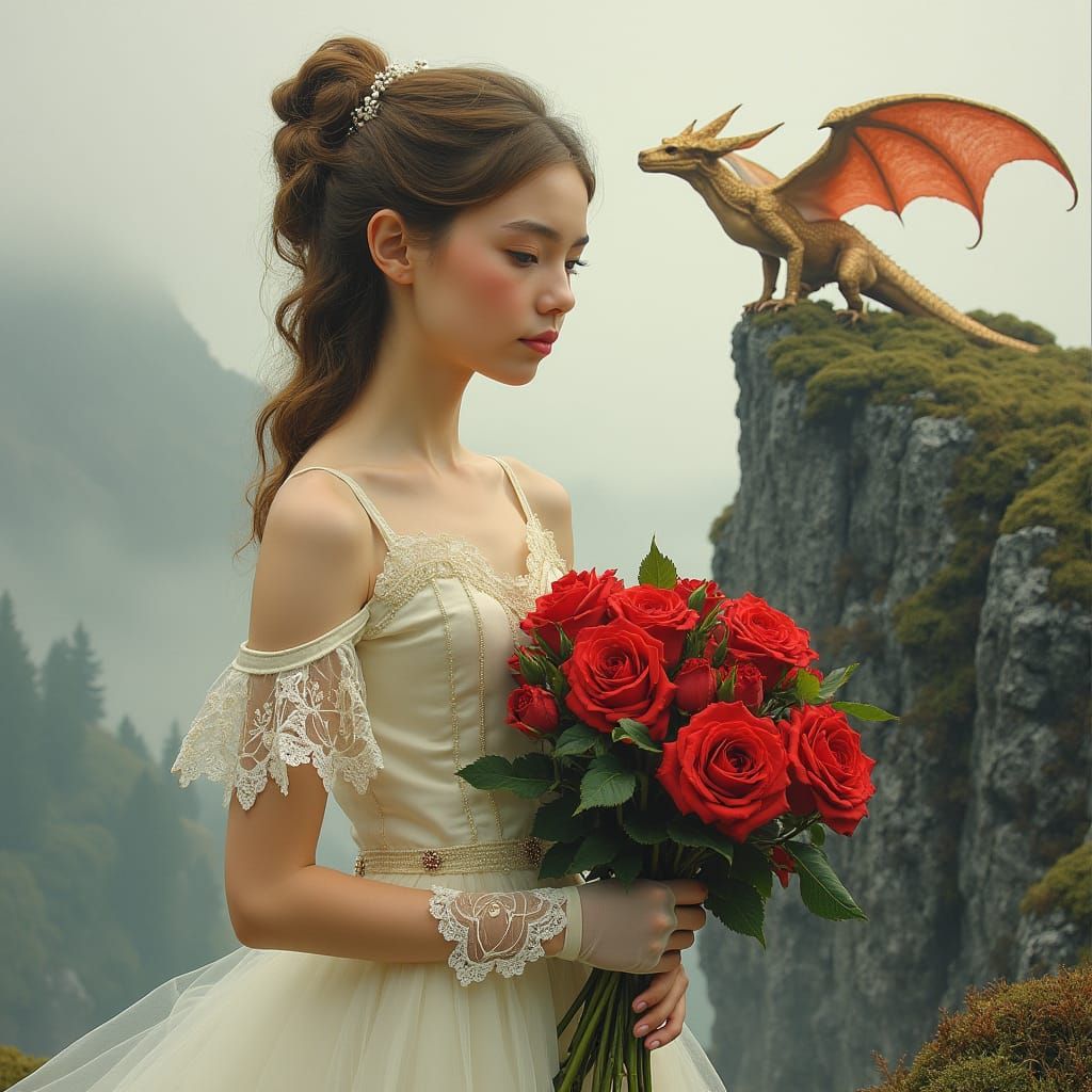 Woman with Roses and Dragon, Ethereal Art