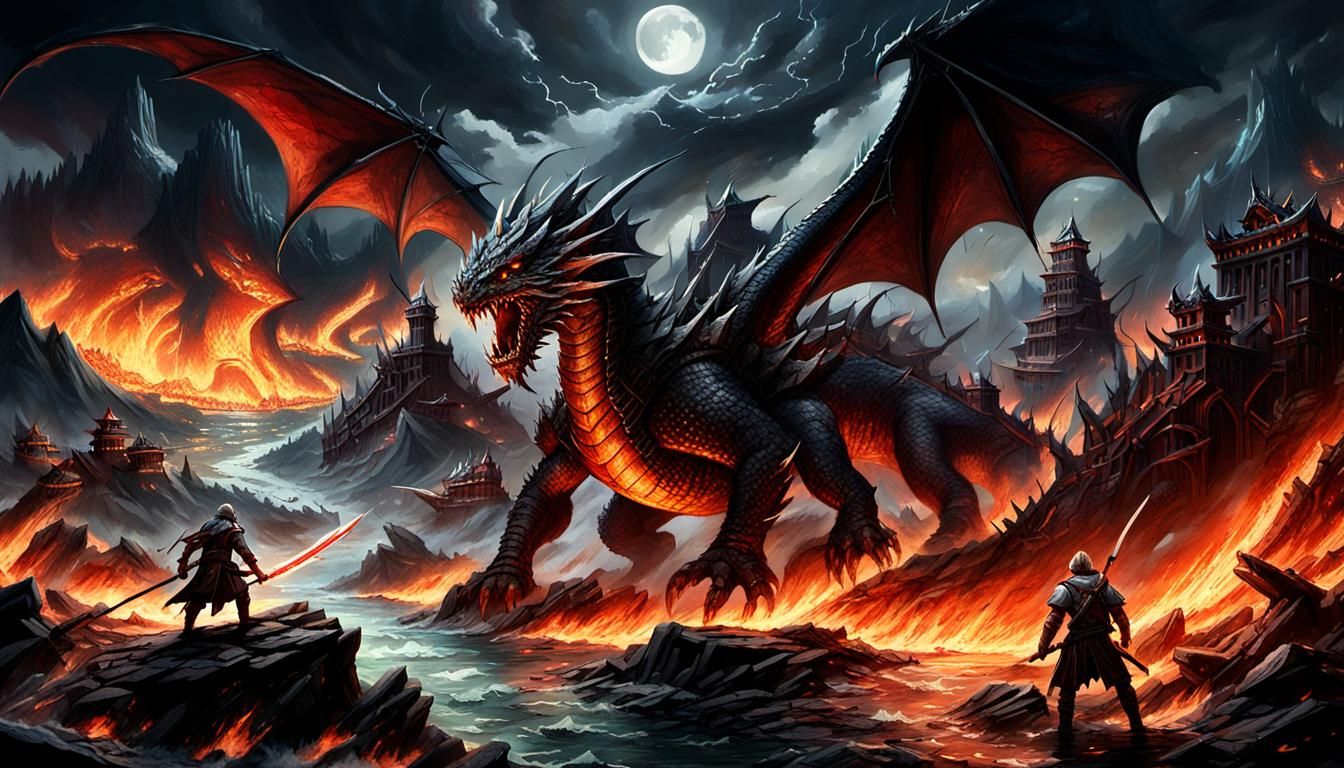 Massive Dragons Clash with Humans in Dark Fantasy Battle