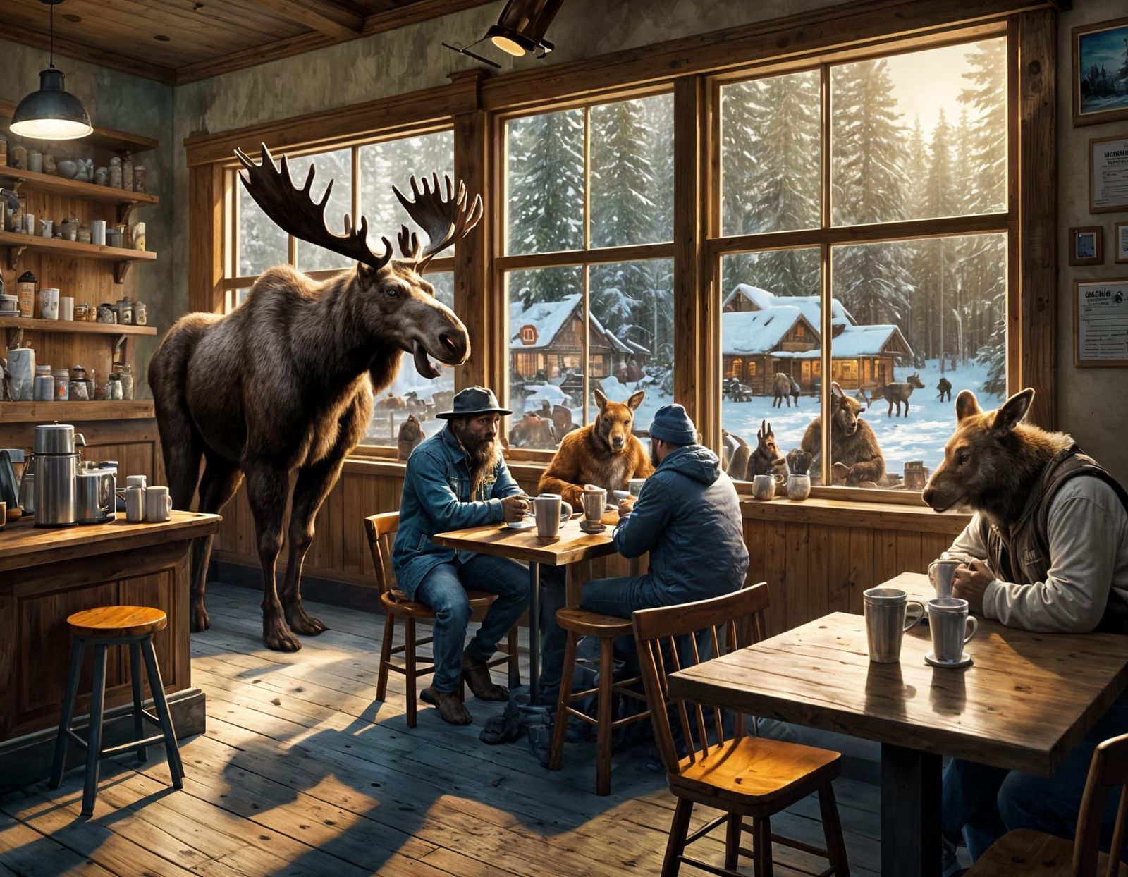 Moose and Bigfoot Visit Coffee Shop